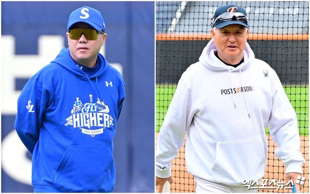 박진만(왼쪽) 삼성 라이온즈 감독과 김경문 한화 이글스 감독이 10월 24일 열리는 2025 KBO 플레이오프 5차전에서 한국시리즈 진출을 놓고 다툰다. 사진 엑스포츠뉴스 DB