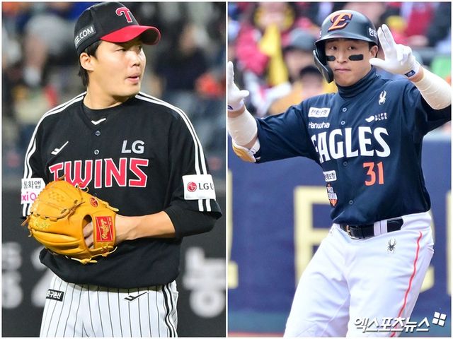 2025 한국시리즈 2차전에서 맞대결을 펼치는 LG 트윈스 임찬규(왼쪽)와 한화 이글스 손아섭. 사진 엑스포츠뉴스 DB