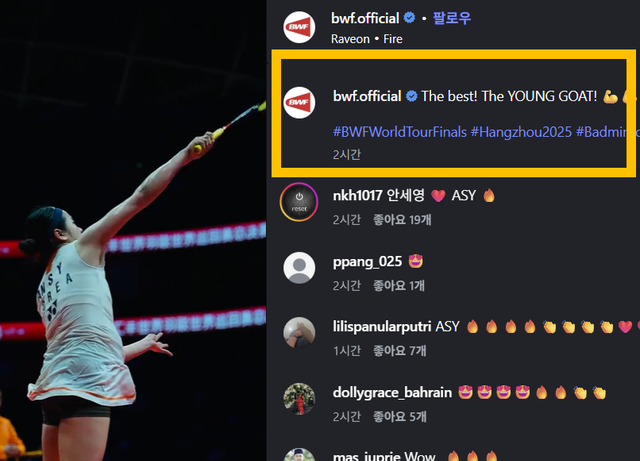 안세영은 21일 중국 항저우에서 열린 2025 세계배드민턴연맹(BWF) 월드투어 파이널 결승전에서 세계 2위 왕즈이(중국)를 2-1로 제압하고 대회 우승을 차지했다. 안세영은 3개의 슈퍼 1000 시리즈(말레이시아오픈·전영오픈·인도네시아오픈), 5개의 슈퍼 750 시리즈(인도오픈·일본오픈·중국마스터스·덴마크오픈·프랑스오픈)을 비롯해 호주오픈(슈퍼 500), 오를레앙 마스터스(슈퍼 300)에 이어 월드투어 파이널까지 우승하면서 올해 11차례 국제대회 우승을 일궈냈다. BWF는 경기 직후 안세영의 경기 장면을 SNS에 게재하면서 "최고다, 젊은 GOAT"라고 설명했다. BWF SNS