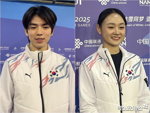 왼쪽부터 한국 남녀 피겨스케이팅 국가대표 차준환과 김채연. 2025 하얼빈 동계아시안게임서 사상 최초 피겨 동반 우승을 달성했다. 하얼빈, 최원영 기자