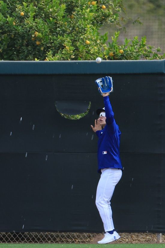 미국프로야구 메이저리그(MLB) 첫 시즌을 준비하는 로스앤젤레스 다저스 김혜성이 17일(현지시간) 다저스 스프링캠프가 열리고 있는 미국 애리조나주 글렌데일 캐멀백 랜치에서 타격 훈련을 마친 뒤 동료들이 타격 훈련을 하며 친 타구를 외야에서 잡고 있다. 연합뉴스