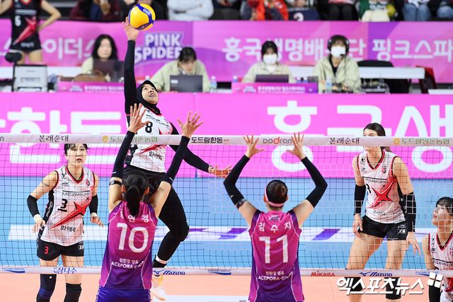 2일 오후 인천 부평구 삼산월드체육관에서 열린 ‘도드람 2024-2025 V-리그’ 흥국생명과 정관장의 경기, 정관장 메가가 공격을 시도하고 있다.2일 오후 인천 부평구 삼산월드체육관에서 열린 ‘도드람 2024-2025 V-리그’ 흥국생명과 정관장의 경기, 정관장 메가가 공격을 시도하고 있다. 인천, 고아라 기자