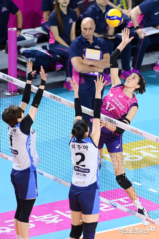 25일 오후 인천 부평구 삼산월드체육관에서 열린 ‘도드람 2024-2025 V-리그’ 흥국생명과 IBK기업은행의 경기, 흥국생명 투트쿠가 공격을 시도하고 있다. 인천, 고아라 기자