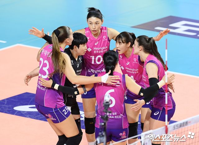 2일 오후 인천 부평구 삼산월드체육관에서 열린 ‘도드람 2024-2025 V-리그’ 흥국생명과 정관장의 경기, 흥국생명 선수들이 득점한 뒤 기뻐하고 있다. 엑스포츠뉴스 DB
