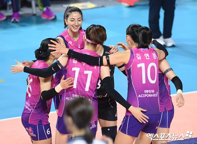 25일 오후 인천 부평구 삼산월드체육관에서 열린 ‘도드람 2024-2025 V-리그’ 흥국생명과 IBK기업은행의 경기, 흥국생명 선수들이 득점한 뒤 기뻐하고 있다. 인천, 고아라 기자