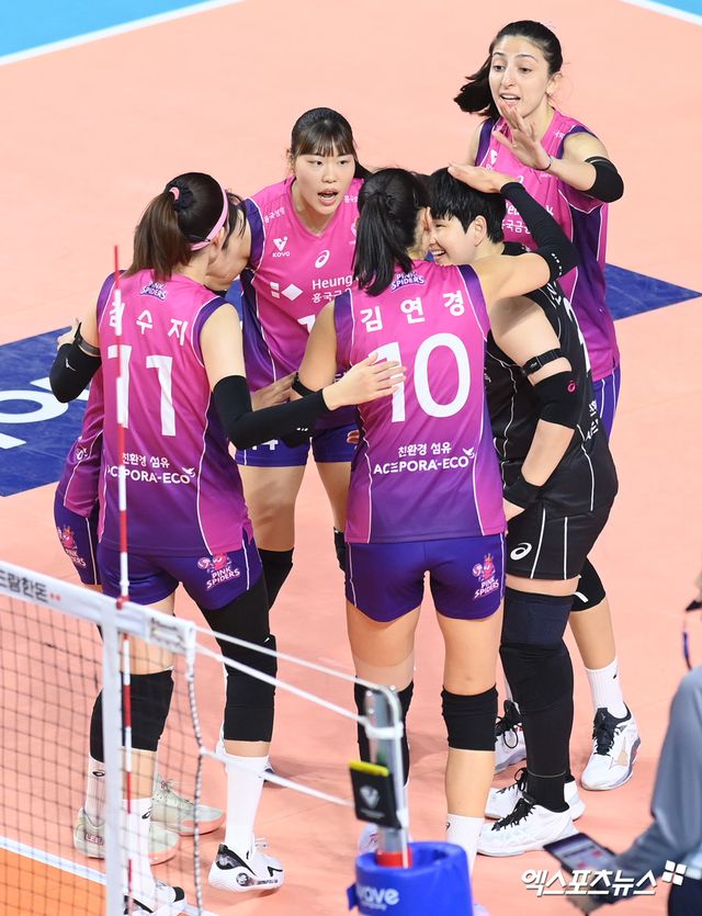 25일 오후 인천 부평구 삼산월드체육관에서 열린 ‘도드람 2024-2025 V-리그’ 흥국생명과 IBK기업은행의 경기, 흥국생명 선수들이 득점한뒤 기뻐하고 있다. 엑스포츠뉴스 DB