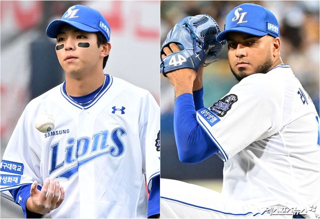 왼쪽부터 삼성 라이온즈 내야수 김영웅, 선발투수 데니 레예스. 엑스포츠뉴스 DB