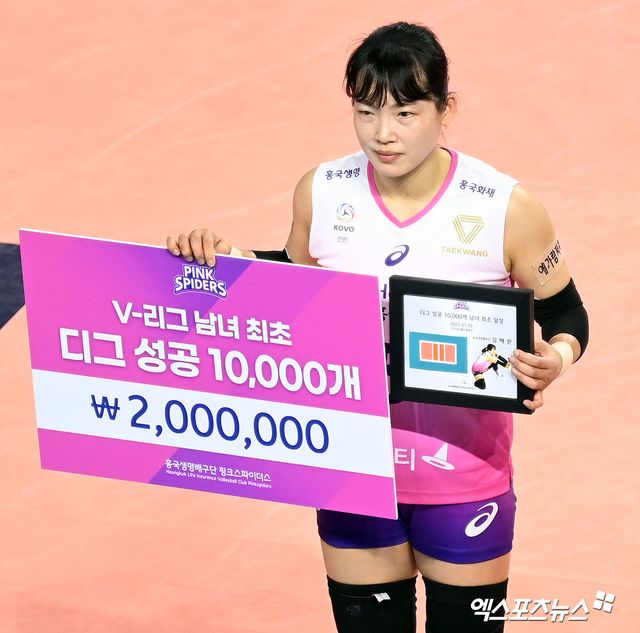 여자프로배구 리베로 김해란이 2022년 V리그 최초로 디그 1만개를 달성한 뒤 기념촬영하고 있다. 엑스포츠뉴스 DB
