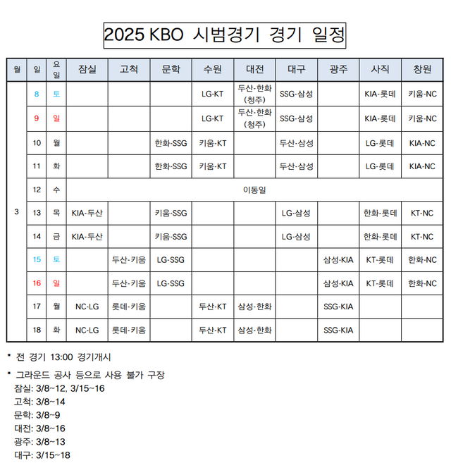 2025시즌 시범경기 일정. KBO