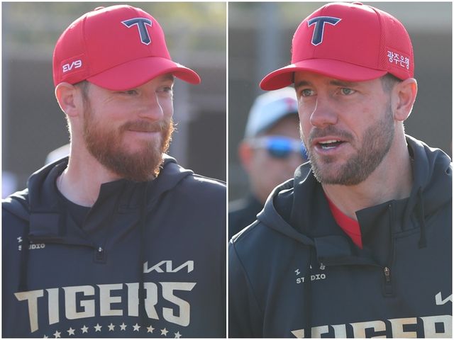 2025 시즌 KBO리그 KIA 타이거즈에서 활약하게 된 외국인 선수 아담 올러(왼쪽)와 패트릭 위즈덤이 지난달 25일부터 미국 캘리포니아주 어바인의 그레이트 파크 야구장에서 스프링캠프 일정을 소화하고 있다. 사진 KIA 타이거즈