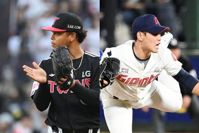 10일 사직구장에서 열린 '2025 신한 SOL Bank KBO 시범경기'에서 강렬한 인상을 남긴 LG 선발 에르난데스와 롯데 선발 김진욱(왼쪽부터). 엑스포츠뉴스 DB