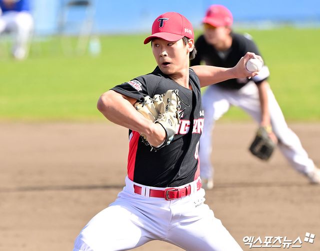 KIA 타이거즈 곽도규가 2일 일본 오키나와 온나손 아카마 구장에서 열린 삼성 라이온즈와의 연습경기에서 역투하고 있다. 일본 오키나와, 김한준 기자