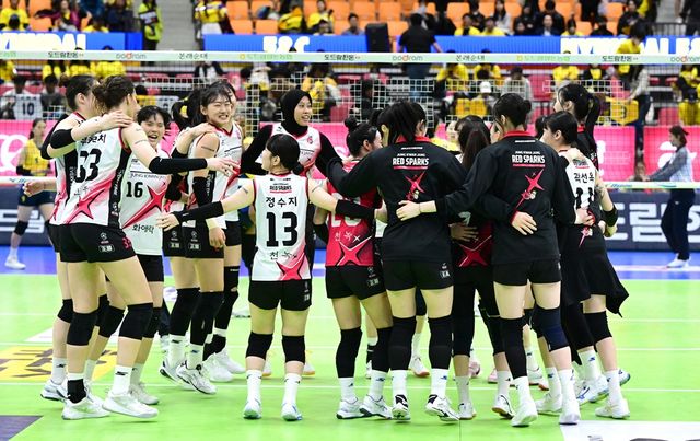 여자프로배구 정관장 선수들이 25일 수원체육관에서 열린 V리그 여자부 플레이오프 1차전 현대건설전에서 승리한 뒤 세리머니하고 있다. KOVO