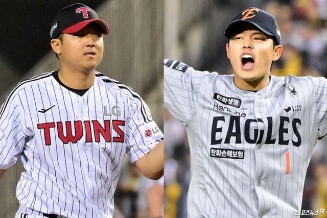 화려한 투수전을 펼친 LG 투수 송승기(왼쪽 첫 번째)와 한화 투수 문동주. 잠실, 엑스포츠뉴스 김한준 기자