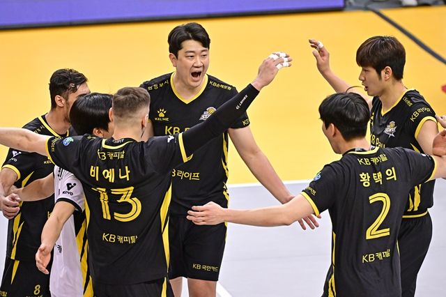 KB손해보험 선수들이 30일 의정부에서 열린 V리그 남자부 플레이오프 3차전 대한항공과의 경기에서 세리머니하고 있다. KOVO