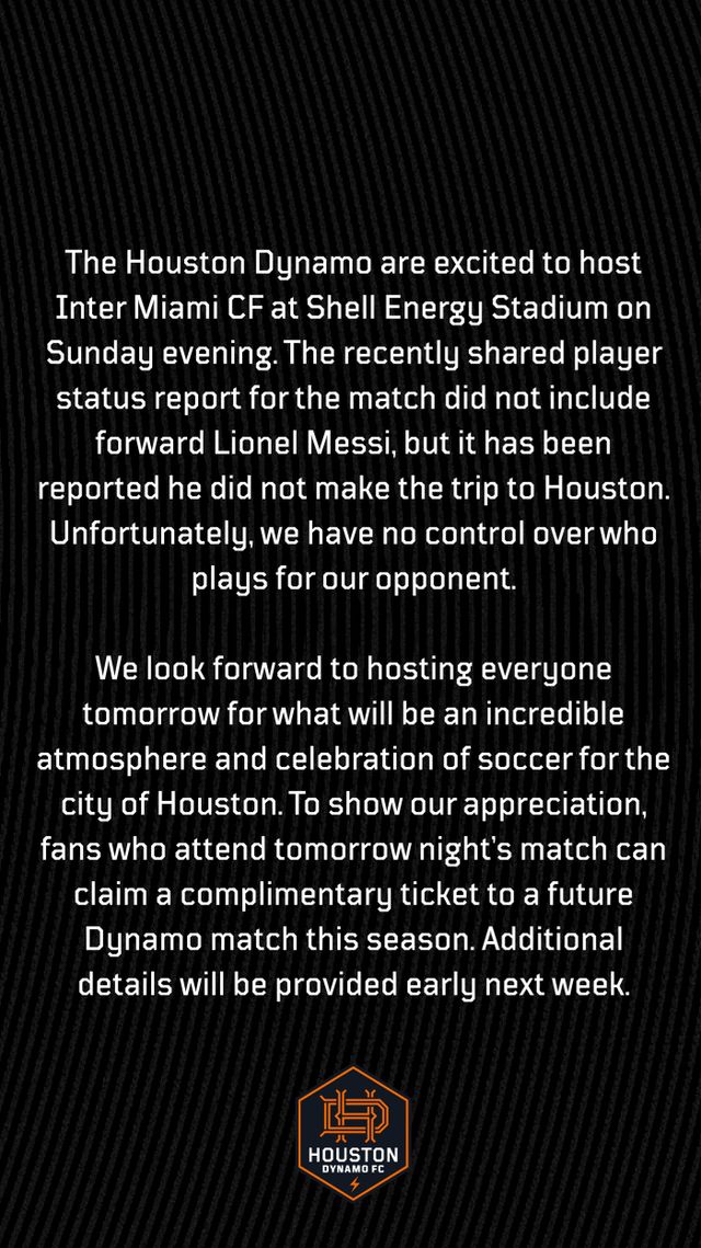 영국 매체 가디언이 3일(한국시간) 미국 메이저리그 사커(MLS) 구단들이 부상으로 메시가 결장하게 되자 이에 사과하고 무료 티켓 등으로 보상하고 있다고 전했다.&nbsp;휴스턴 디나모 SNS