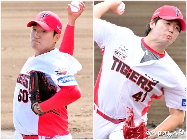 2025 시즌 KIA 타이거즈의 개막 5선발 자리를 놓고 경쟁 중인 우완 김도현(왼쪽)과 황동하. 사진 엑스포츠뉴스 DB