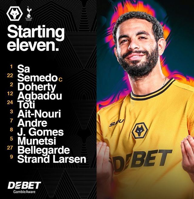 토트넘 홋스퍼는 13일(한국시간) 오후 10시 영국 울버햄튼에 위치한 몰리뉴 스타디움에서 울버햄튼 원더러스와 2024-25시즌 프리미어리그 32라운드 원정 경기를 앞두고 선발 명단을 공개했다. 이날 토트넘은 손흥민을 명단에서 제외했고 울버햄튼은 황희찬을 벤치 명단에 포함시켰다. 지난 시즌까지 주전으로 뛰던 황희찬은 이번 시즌 22경기에서 2골 1도움만 기록해 주전 경쟁에서 밀렸다. 손흥민은 이날 발 부상으로 명단 제외를 당했다. 울버햄튼 SNS