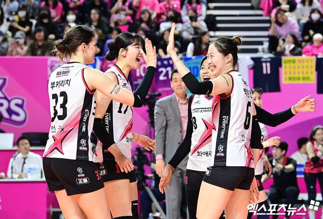 정관장 선수들이 2일 인천 삼산월드체육관에서 열린 흥국생명과의 챔피언결정전 2차전에서 세리머니하고 있다. 엑스포츠뉴스 삼산, 박지영 기자