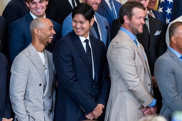 도널드 트럼프 미국 대통령이 8일 백악관에 LA 다저스 선수단을 초청해 격려 행사를 진행했다. EPA 연합뉴스