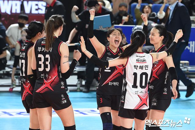 정관장 선수들이 6일 대전 충무체육관에서 열린 V리그 여자부 챔피언결정전 4차전 흥국생명과의 경기에서 득점 후 세리머니하고 있다. 엑스포츠뉴스 DB
