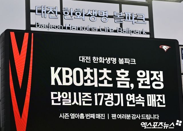 한화 이글스가 17경기 연속 홈·원정 매진이라는 KBO 최초 대기록을 작성했다. 한화는 15일 대전 한화생명 볼파크에서 2025 신한 SOL Bank KBO리그 두산 베어스와의 홈경기에서 경기 개시 약 1시간 반 전인 오후 5시 7분 1만7000석 전석 매진을 발표했다. 한화의 시즌 19번째 매진. 22번의 홈경기에서 단 3번을 제외하고 모두 좌석이 꽉 찼다. 한화팬들의 열기는 홈과 원정을 가리지 않는다. 1982년 KBO리그 창설 뒤 홈·원정 17경기 연속 매진 최초 기록을 작성했다. 대전, 김한준 기자