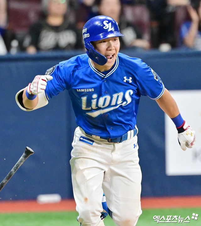 삼성 라이온즈 김지찬이 20일 고척 키움 히어로즈전에서 타격 후 포효하고 있다. 엑스포츠뉴스 DB
