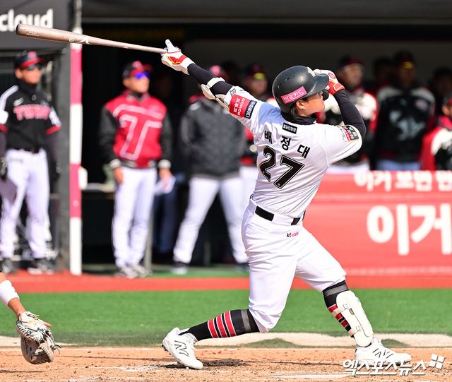 8일 오후 수원KT위즈파크에서 열린 '2025 신한 SOL Bank KBO리그' LG 트윈스와 KT 위즈의 시범경기, 6회말 2사 3루 KT 배정대가 투런 홈런을 날리고 있다. 엑스포츠뉴스 DB