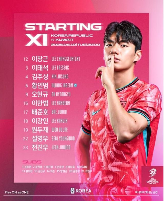 홍명보 감독이 이끄는 대한민국 축구대표팀은 10일 오후 8시 서울월드컵경기장에서 열리는 쿠웨이트와의 2026 국제축구연맹(FIFA) 북중미 월드컵(캐나다-미국-멕시코 공동개최) 아시아지역 3차 예선 B조 최종전을 앞두고 선발 명단을 공개했다. 이날 대한민국 축구대표팀 주장 손흥민은 벤치 명단에 포함됐다. 전북현대 미드필더 전진우는 생애 첫 A매치 선발 경기를 치른다. 대한축구협회 SNS
