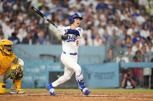 LA 다저스 김혜성이 지난 20일 미국 메이저리그 샌디에이고 파드리스전에 출전해 타격하고 있다. REUTERS 연합뉴스
