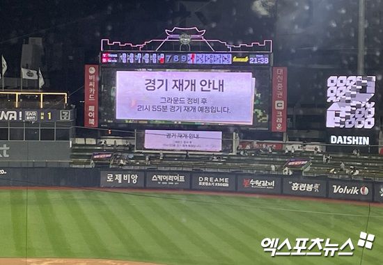 6월 ​24일 수원 KT위즈파크에서 열린 2025 신한 SOL Bank KBO리그 KT 위즈와 LG 트윈스 간의 맞대결, 6회말을 앞둔 오후 8시20분 굵어진 비로 인해 경기가 우천 중단됐다. 경기는 95분의 기다림 끝에 9시55분 재개됐다. 엑스포츠뉴스 수원, 김유민 기자