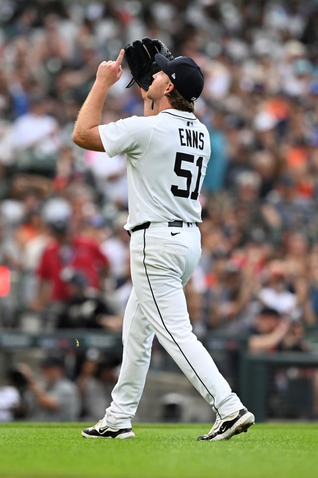 27일 미국 미시간주 디트로이트의 코메리카파크에서 열린 2025 미국프로야구 메이저리그 애슬레틱스와 디트로이트 타이거즈의 경기, 디트로이트 선발투수 디트릭 엔스가 5이닝 1피안타 2볼넷 4탈삼진 무실점을 기록하며 승리투수가 됐다. AP 연합뉴스