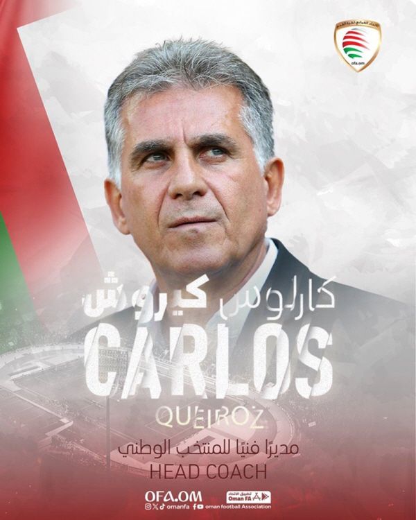 한국과 악연으로 얽혀 있는 포르투갈 출신 지도자 카를로스 케이로스 감독이 오만 축구 국가대표팀에 부임했다. 2026 국제축구연맹(FIFA) 북중미 월드컵(캐나다·미국·멕시코 공동개최) 아시아 지역 4차예선에 진출해 본선행에 도전하고 있는 오만이 경험이 풍부한 노장 케이로스 감독에게 감독직을 맡겼다. 사진 오만축구협회