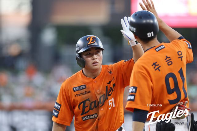 김경문 감독이 이끄는 한화 이글스는 25일 대전 한화생명 볼파크에서 열린 2025 신한 SOL Bank KBO리그 SSG 랜더스와의 홈경기에서 승리했다. 이날 승리로 한화는 시즌 전적 57승34패3무를 만들고 연패 없이 1위 자리를 지켰다. 한화 문현빈이 안타를 친 후 추승우 코치와 하이파이브를 하고 있다. 한화 이글스