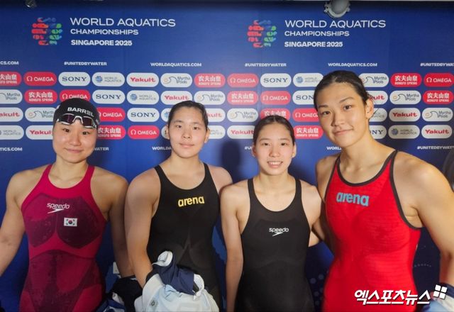 27일 싱가포르 칼랑의 세계수영선수권대회 아레나에서 열린 2025 국제수영연맹 싱가포르 세계수영선수권대회 여자 계영 400m 예선, 한국이 3분45초64의 기록을 내면서 출전국 13개 중 최하위에 그쳤다. 왼쪽부터 허연경, 김도연, 이리나, 조현주. 칼랑(싱가포르), 유준상 기자