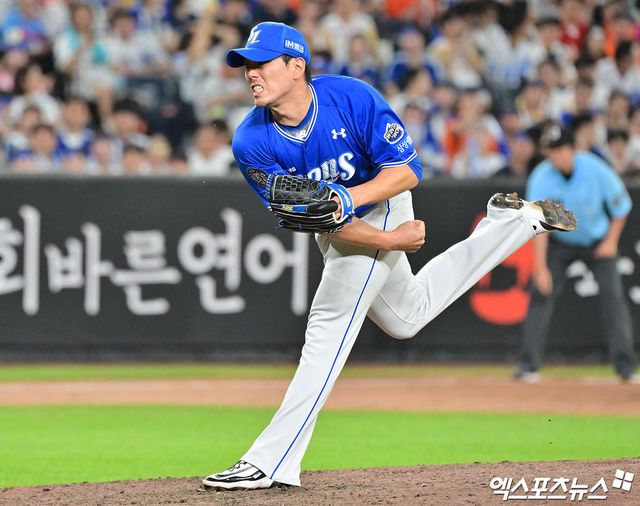 삼성 라이온즈 투수 김재윤이 올해 정규시즌 경기에 구원 등판해 역투하고 있다. 엑스포츠뉴스 DB