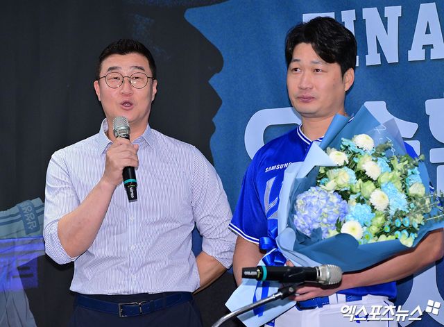7일 오후 인천 오라카이 송도파크 호텔에서 삼성 오승환 은퇴 기자회견이 진행됐다. 삼성 이종열 단장이 인사말을 하고 있다. 인천, 김한준 기자