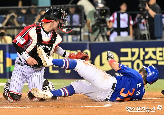 10일 오후 서울 송파구 잠실야구장에서 열리는 '2025 신한 SOL Bank KBO리그' 한화 이글스와 LG 트윈스의 경기, 7회초 1사 3루 한화 손아섭이 문현빈의 내야땅볼때 득점에 성공하고 있다. 엑스포츠뉴스 DB