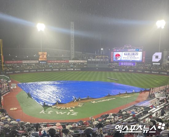 16일 2025 신한 SOL Bank KBO리그 LG 트윈스와 KT 위즈의 팀 간 14차전이 펼쳐지는 수원 KT위즈파크, 3회말 갑자기 굵어진 빗줄기로 인해 경기가 우천 중단됐다. 엑스포츠뉴스 수원, 김유민 기자