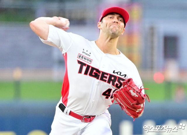 10일 오후 광주기아챔피언스필드에서 열린 '2025 신한 SOL Bank KBO리그' 삼성 라이온즈와 KIA 타이거즈의 경기, 1회초 KIA 선발투수 네일이 공을 힘차게 던지고 있다. 엑스포츠뉴스 DB