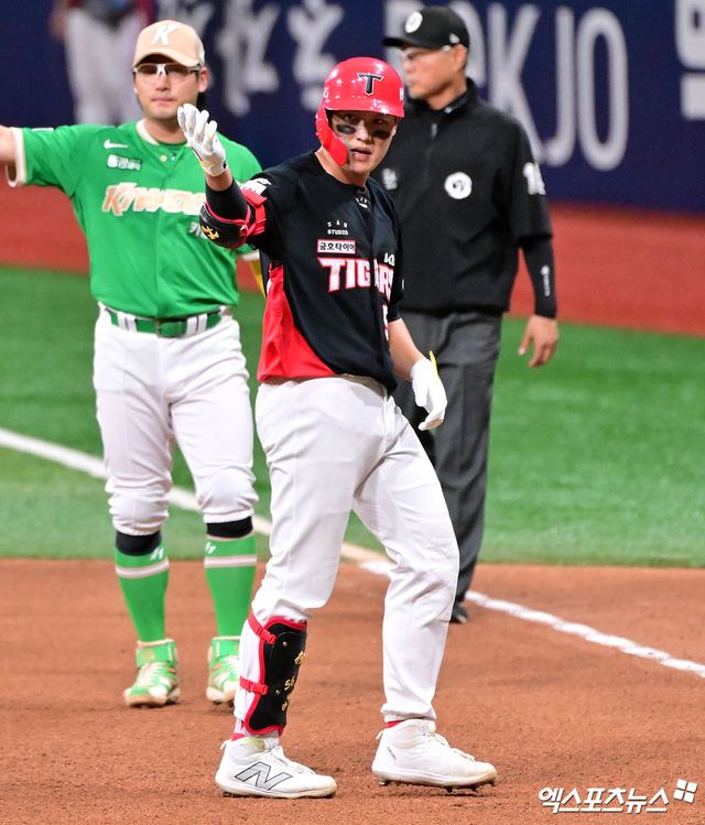 KIA 타이거즈 오선우가 24일 서울 고척스카이돔에서 열린 2025 신한 SOL Bank KBO리그&nbsp;키움 히어로즈와의 팀 간 16차전에서 2안타 1홈런을 기록, 팀 승리를 이끌었다. 사진 김한준 기자