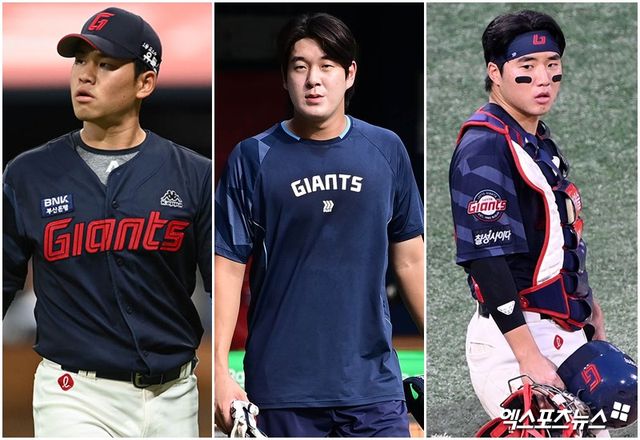 2025시즌 나란히 부진에 빠졌던 2021 KBO 드래프트 입단 동기 롯데 자이언츠 (왼쪽부터) 김진욱, 나승엽, 손성빈. 사진 엑스포츠뉴스 DB