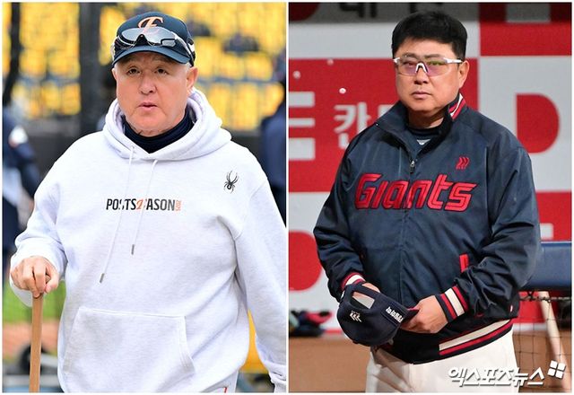 김경문(왼쪽) 한화 이글스 감독과 김태형 롯데 자이언츠 감독. 사진 엑스포츠뉴스 DB