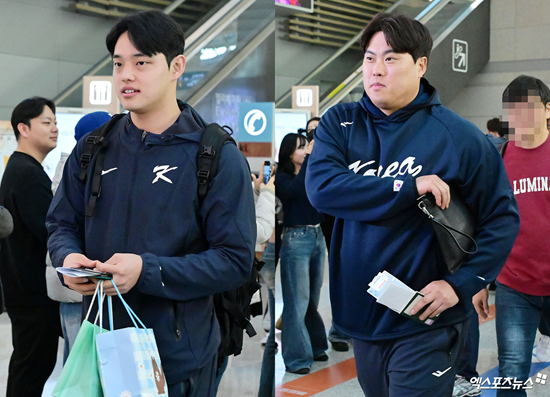 한국 야구 대표팀이 2026 WBC(월드베이스볼클래식) 대비 1차 캠프를 위해 9일 오전 인천국제공항을 통해 사이판으로 출국했다. 출국장으로 향하는 문동주(좌)와 류현진(우). 인천공항, 김한준 기자