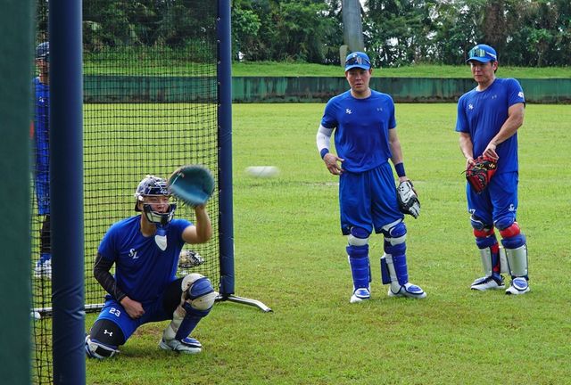 삼성 라이온즈 포수 강민호(오른쪽)와 박세혁(가운데)이 지난 1월 소속팀의 괌 1차 스프링캠프에서 이병헌의 수비 훈련을 지켜보는 모습. 사진 삼성 라이온즈