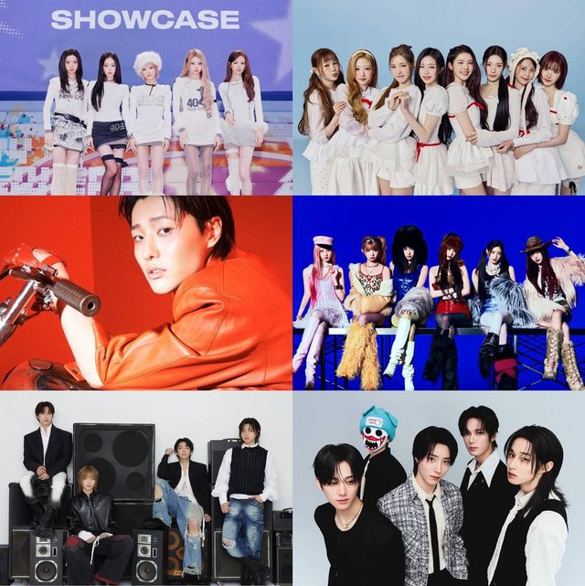 (왼쪽 상단부터 가로방향) 스타쉽 키키, SM 하츠투하츠, 이담엔터 우즈, 스타쉽 아이브, 안테나 드래곤포니, 카카오엔터 하츠웨이브