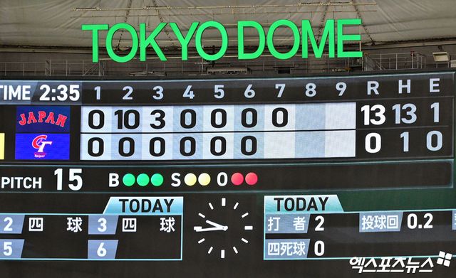 6일 오후 일본 도쿄돔에서 열린 2026 월드베이스볼클래식(WBC) C조 대만과 일본의 경기, 일본이 오타니의 만루 홈런에 힘입어 대만에 13:0 콜드게임 승리를 거뒀다. 사진은 도쿄돔 전광판. 도쿄, 김한준 기자