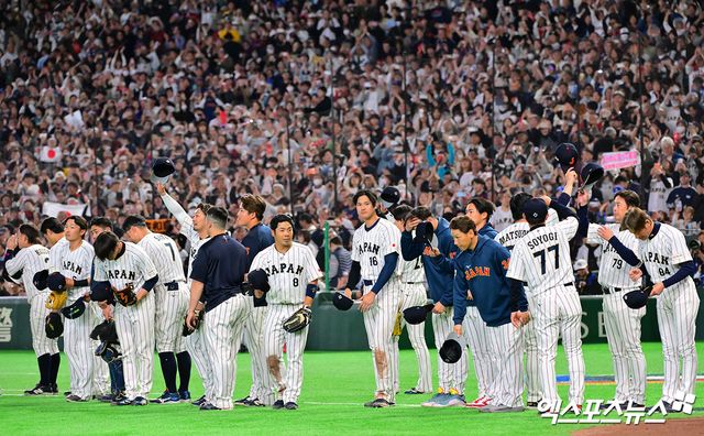 7일 오후 일본 도쿄돔에서 열린 2026 월드베이스볼클래식(WBC) C조 한국과 일본의 경기, 한국이 일본에 6:8로 패배했다. 이날 경기에서 승리한 일본이 기뻐하고 있다. 도쿄, 김한준 기자