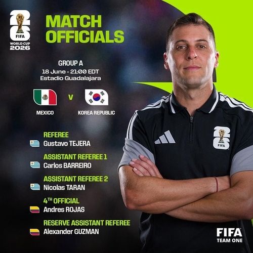 한국과 멕시코의 2026 국제축구연맹(FIFA) 북중미 월드컵 A조 2차전에 우루과이 출신 구스타보 테헤라 주심이 배정됐다. 국제축구연맹(FIFA)은 19일 오전 10시(한국시간) 멕시코 과달라하라 스타디움에서 열리는 한국과 멕시코의 2026 북중미 월드컵 조별리그 A조 2차전 심판진을 16일 발표했다. 부심도 같은 우루과이 출신이다. 카를로스 바레이로, 니콜라스 타란 심판이 라인을 맡는다. FIFA