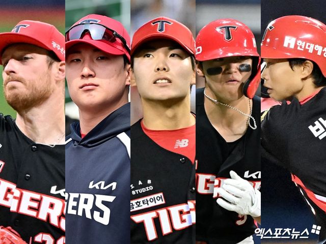 KIA 타이거즈 소속 선수 5명이 2026 신한 SOL KBO 올스타전 베스트12에 선정됐다. 왼쪽부터 선발 아담 올러, 중간 정해영, 마무리 성영탁, 3루수 김도영, 외야수 박재현. 엑스포츠뉴스 DB